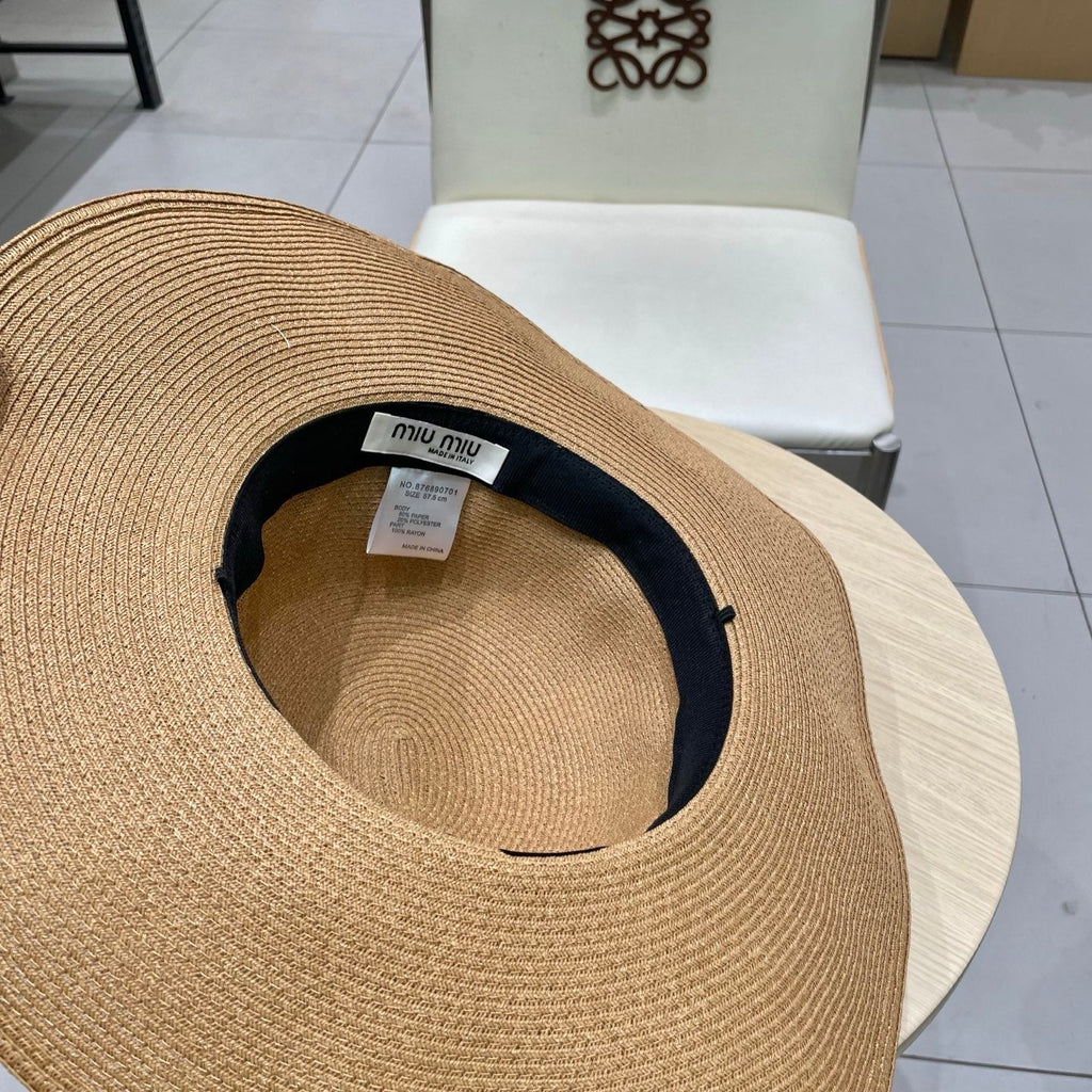 MM WIDE-BRIM BEACH HAT IN BEIGE WITH FABRIC BOW