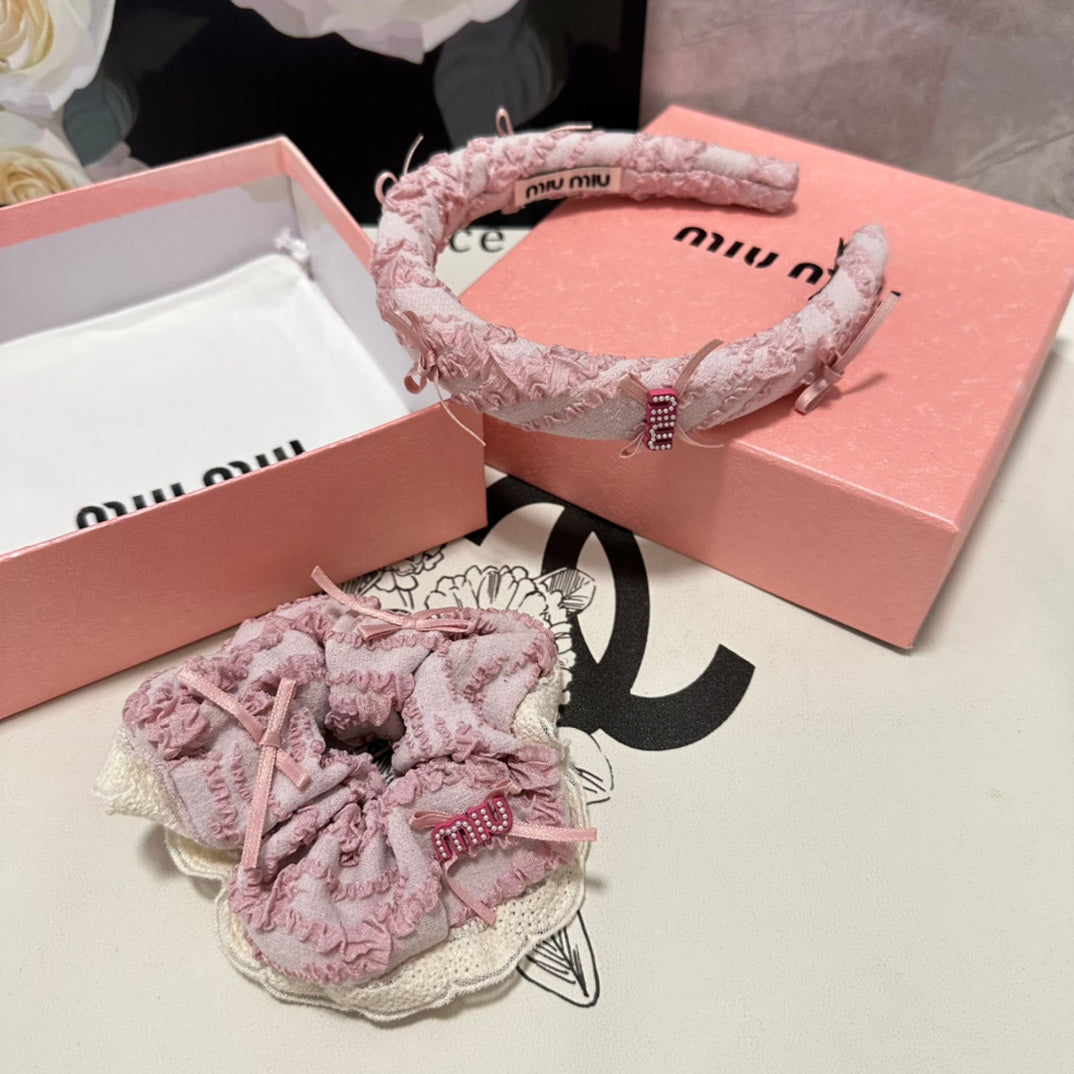 SET HEADBAND AND HAIR TIE IN LIGHT PINK FABRIC ATTACHED BOWS 432848