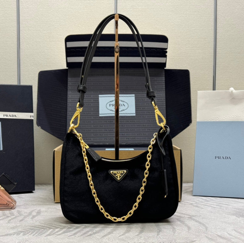 PRADA 25S MINI HOBO BAG 23 IN BLACK VELVET GOLD HARDWRE